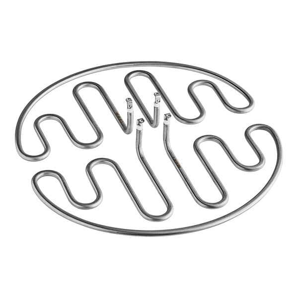 A circular metal heating element with a spiral pattern and four circular holes.