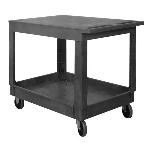 A black plastic utility cart with wheels.