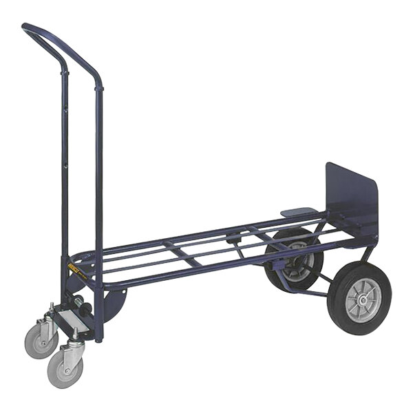 A blue Wesco Industrial hand truck with wheels.