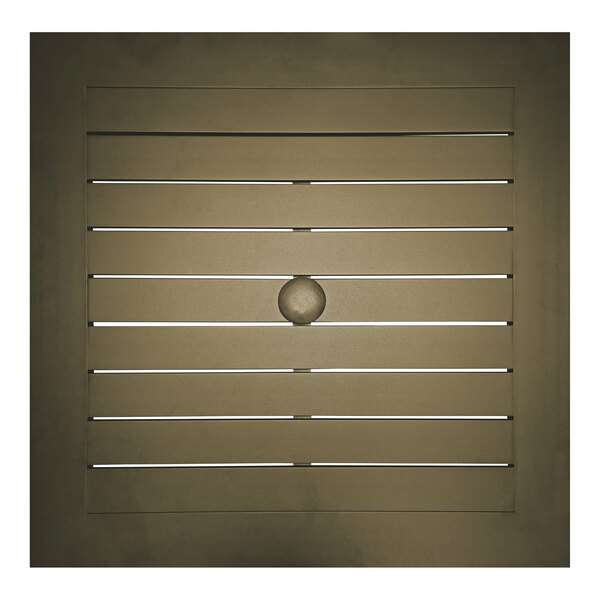A square bronze aluminum dining table with a round center.