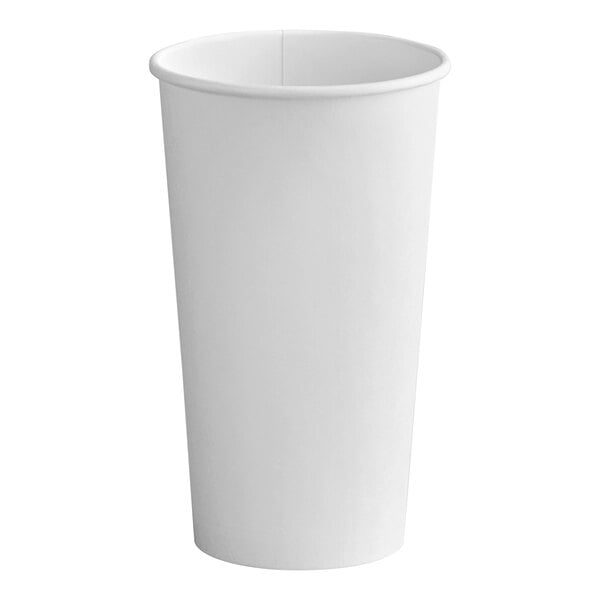 A close up of a white Solo paper hot cup with a lid on it.