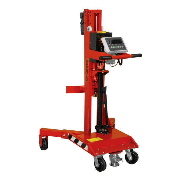 A red Wesco Industrial Products hydraulic drum handler with wheels.