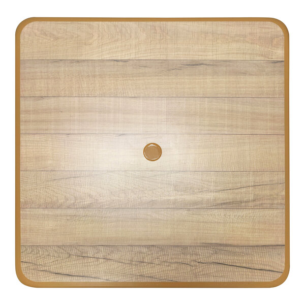 A wood table top with a circle in the middle.