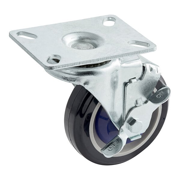 A black and metal Cooking Performance Group caster with a metal plate.