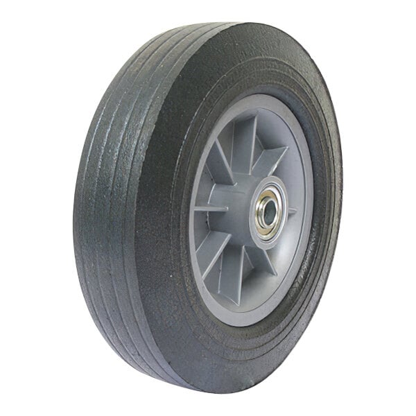 A close-up of a black Wesco hand truck wheel with a grey rim and black tire.