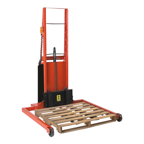 A red and black Wesco Industrial Products forklift with a pallet on it.