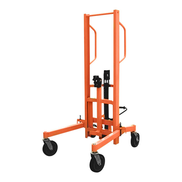 An orange hand truck with black wheels.