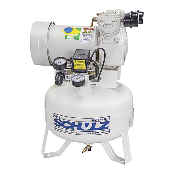 A white Schulz Oil Less air compressor tank with a pressure gauge.