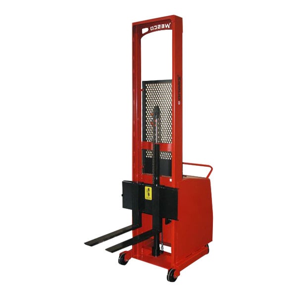 A red and black Wesco Industrial Products counter balance forklift.