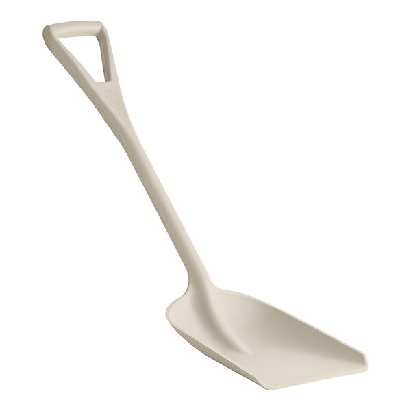 A white plastic Carlisle Sparta food service shovel with a handle.