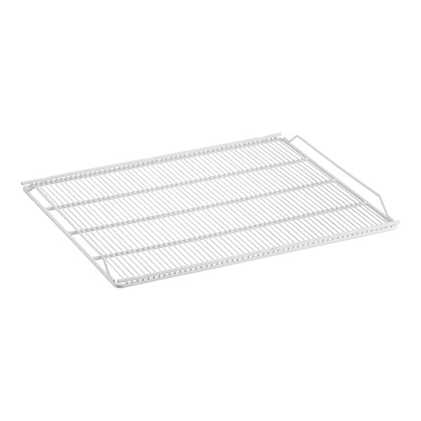 A white wire rack for a Beverage Air merchandiser with a metal handle.