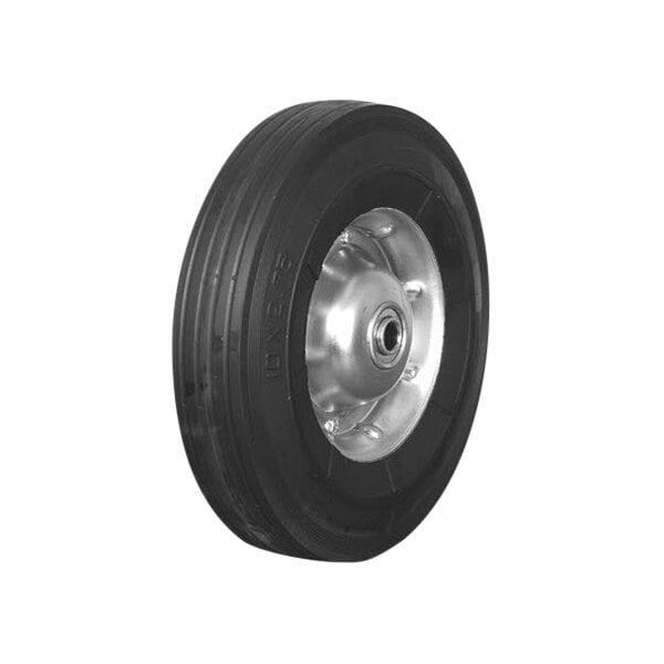 A close-up of a black tire with a silver rim on a white background.