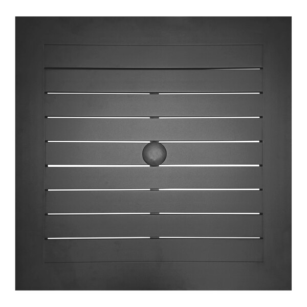 A black square Grosfillex dining table with a metal border and a round object in the center.