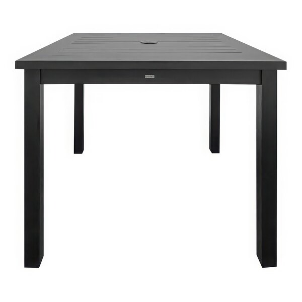 A Grosfillex Sigma volcanic black aluminum dining table with legs.