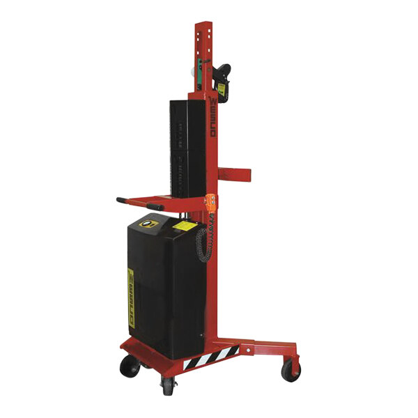 A red and black Wesco Industrial Products drum handler with a black and yellow Gator Grip clamp on wheels.