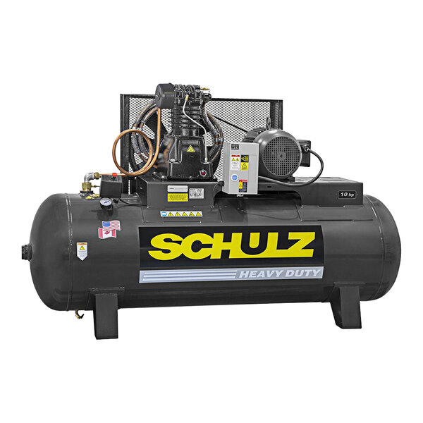 A black horizontal Schulz air compressor tank with yellow text.