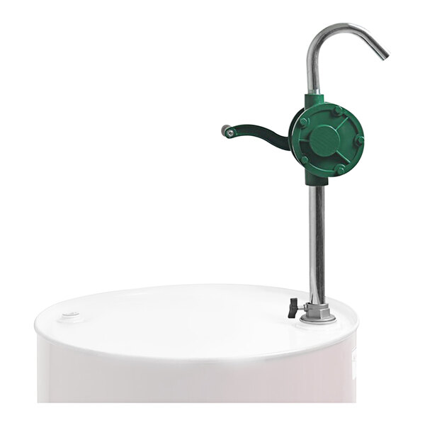 A green and silver Wesco Industrial Products rotary drum pump.