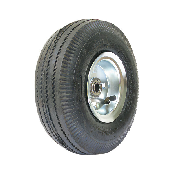 A close-up of a black and silver pneumatic wheel on a white background.
