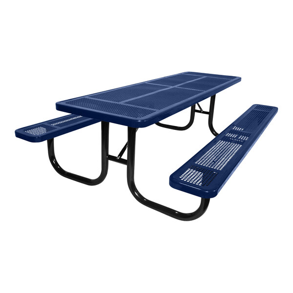 A blue picnic table with benches.