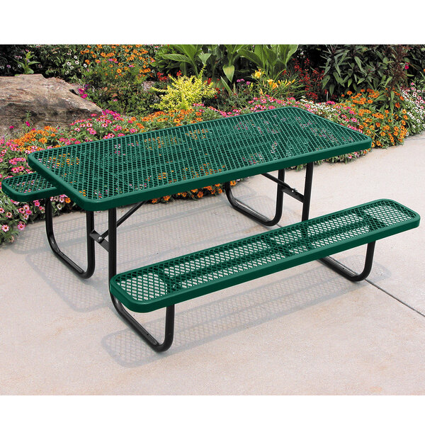 An Ultra Site green rectangular picnic table with two benches.