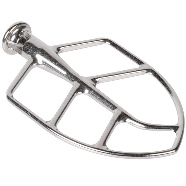 A silver metal Globe flat beater for a mixer.