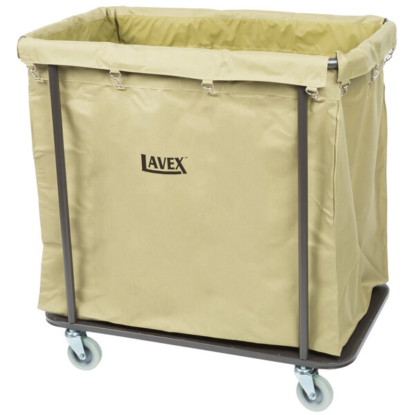 A tan canvas bag on a black metal Lavex Commercial laundry cart.
