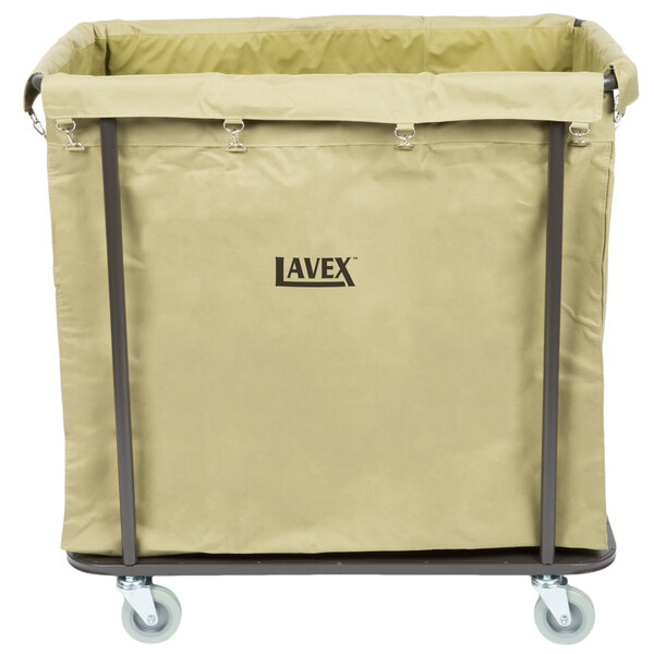 A tan canvas bag on a black metal Lavex laundry cart.