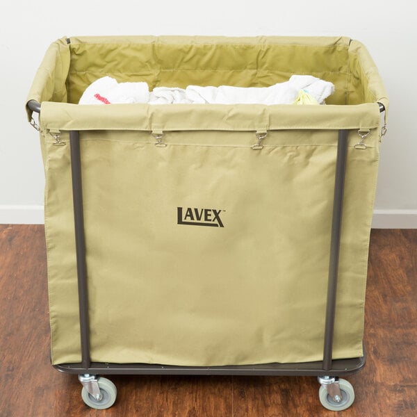 A Lavex laundry cart with a large canvas bag on a metal frame.