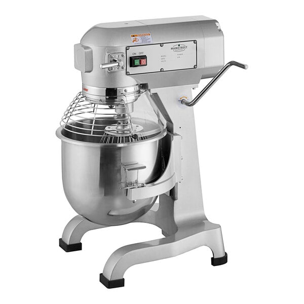 A silver MainStreet Equipment stand mixer with a stainless steel bowl.