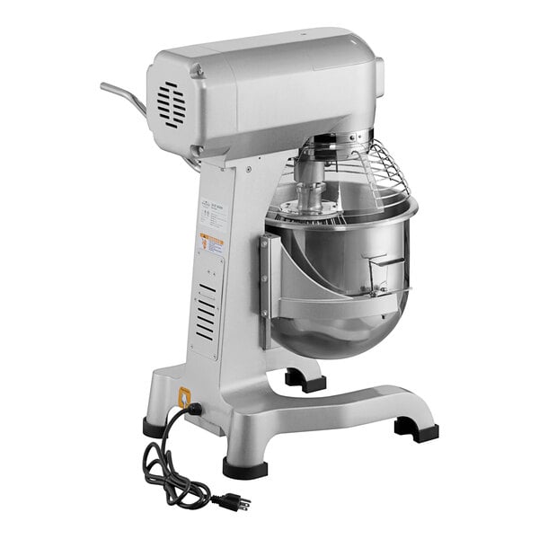 A silver MainStreet Equipment planetary stand mixer with a bowl and whisk attachment.
