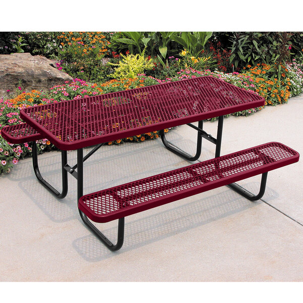 An Ultra Site burgundy rectangular picnic table with metal legs and two benches.