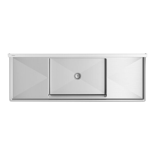 A white rectangular stainless steel sink with two circular holes.