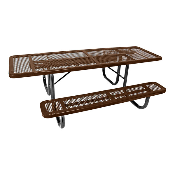 An Ultra Site brown metal rectangular picnic table with two benches and perforated metal.