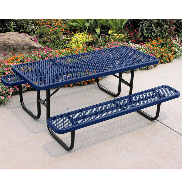 An Ultra Site blue picnic table with two benches and metal legs.