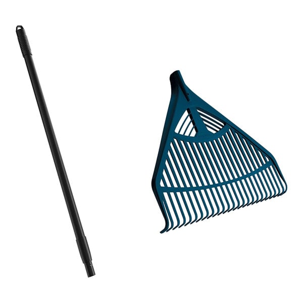 A close-up of a Suncast telescoping rake with a blue handle.