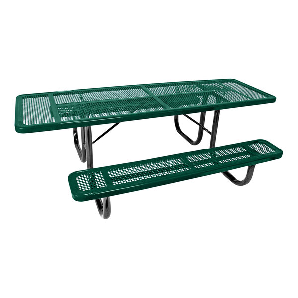 An Ultra Site green metal picnic table with two benches.