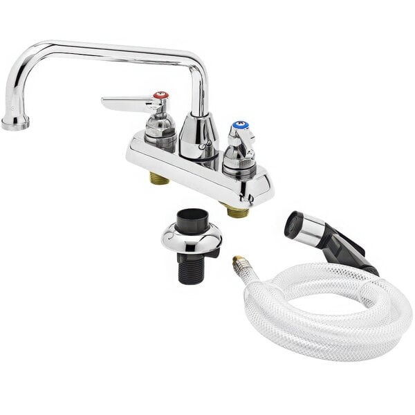 A T&S chrome deck-mounted faucet with hose and self-closing sprayer.