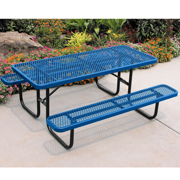 An Ultra Site blue rectangular picnic table with bench seats.