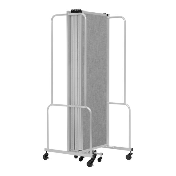 A grey National Public Seating mobile room divider with 7 panels.