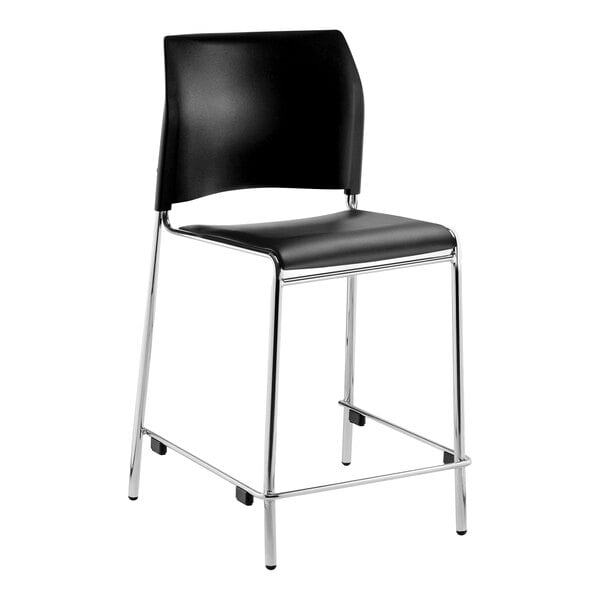 A National Public Seating black vinyl cafetorium stool with chrome legs.