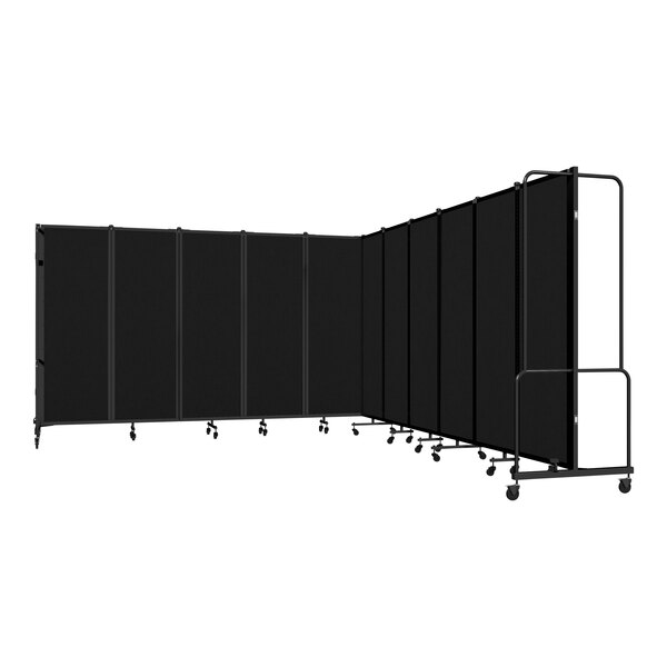 A black National Public Seating mobile room divider with wheels.