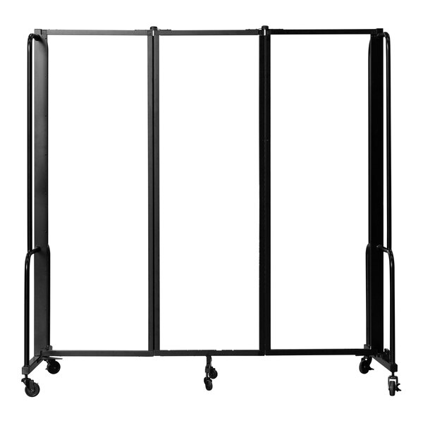 A black metal partition with wheels.