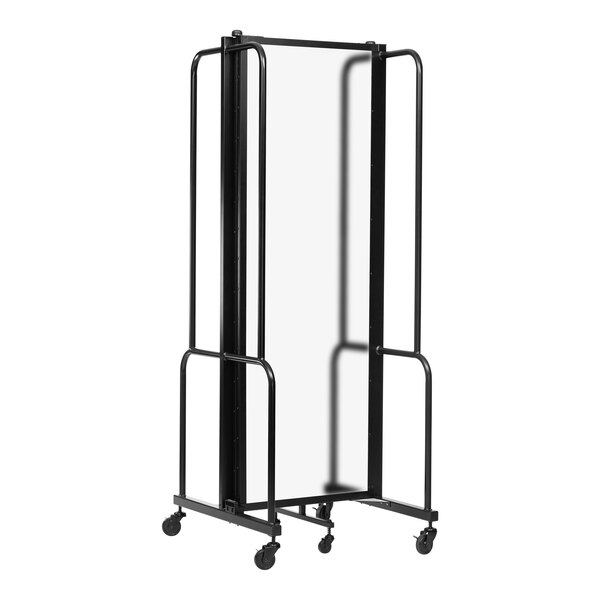 A black metal National Public Seating Robo room divider with frosted acrylic panels.