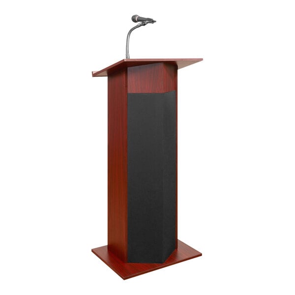 A mahogany Oklahoma Sound lectern with a microphone.