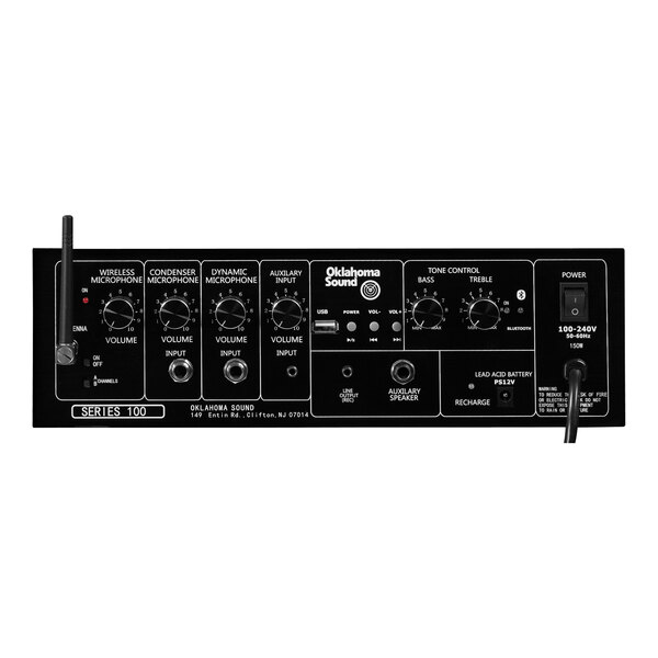 A mahogany lectern with a black and white Oklahoma Sound Power Plus amplifier with knobs and switches.