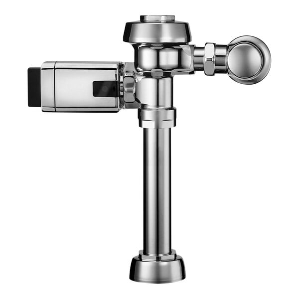 A metal Sloan Royal polished chrome toilet flushometer with a sensor.