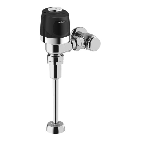 A Sloan polished chrome urinal flushometer with a black sensor.