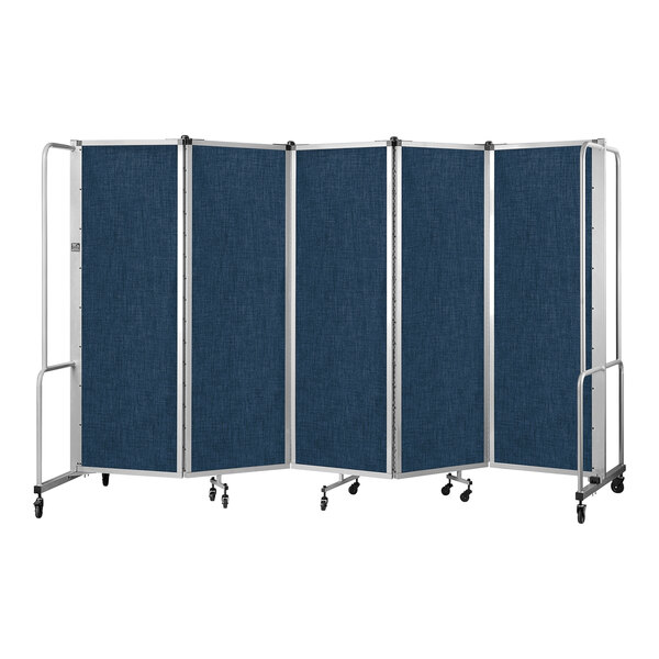 A National Public Seating Robo room divider with blue fabric panels on a gray frame with wheels.