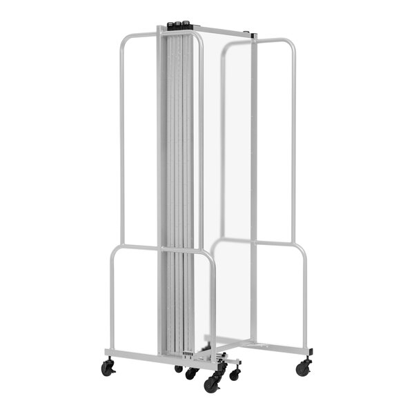 A gray metal frame with multiple frosted acrylic panels on wheels.