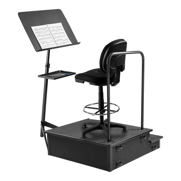 A black National Public Seating chair with a music stand and podium.